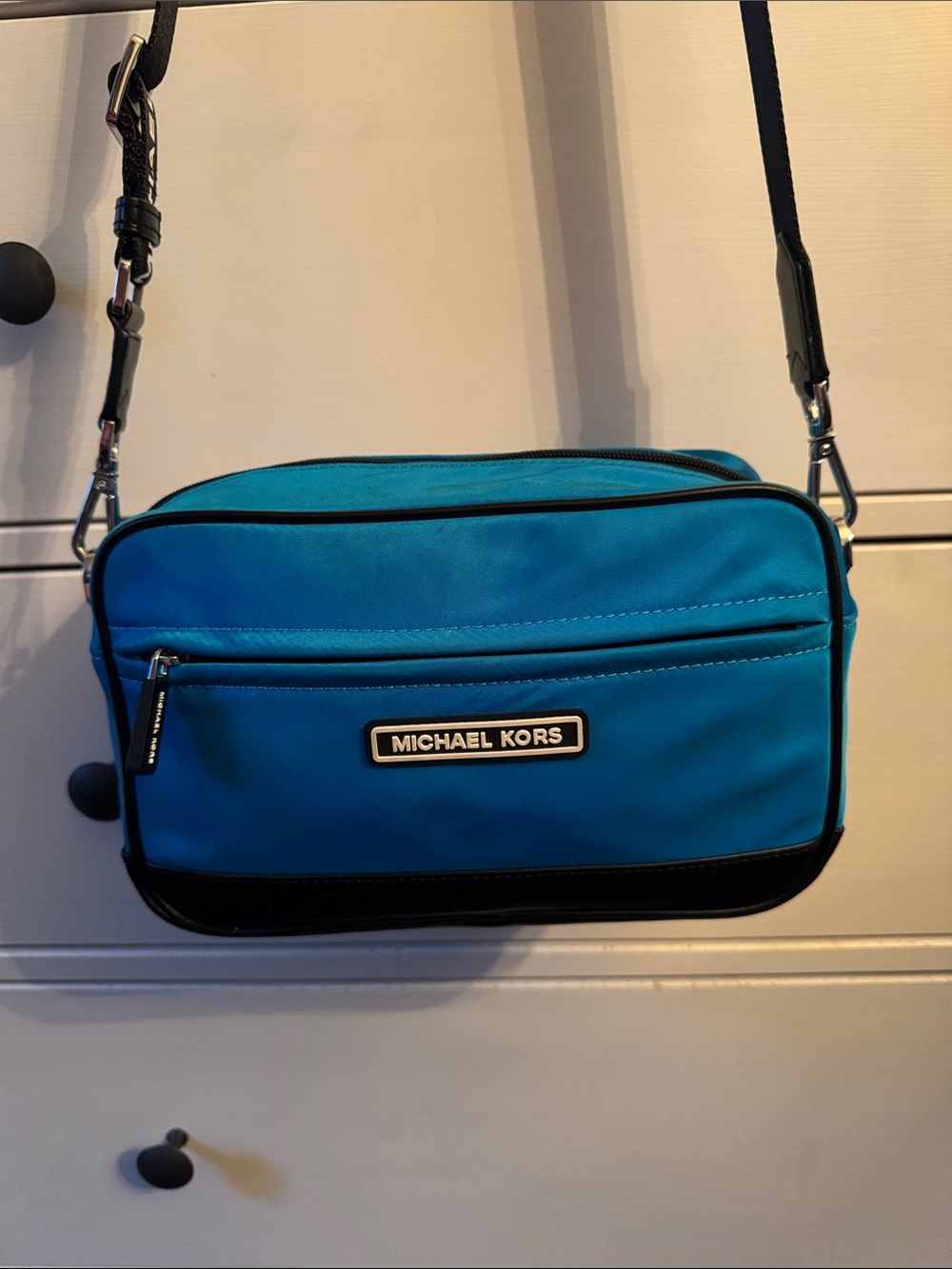 Michael Kors Teal Blue and Black Nylon Crossbody
